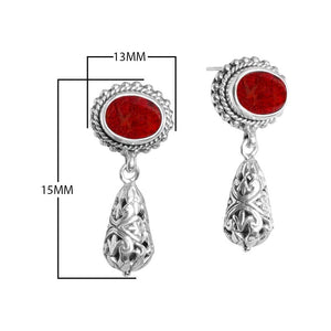 Sterling Silver Red Coral Drop Earrings With Ornate Filigree Design For Wholesale Collections