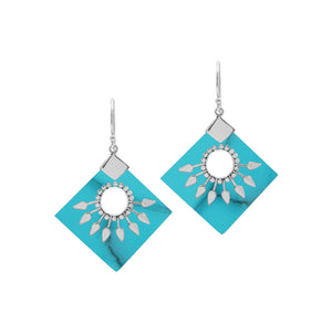 Sterling Silver Tribal Earrings With Turquoise Shell Diamond Panels And Silver Sunburst Accents