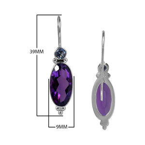 Sterling Silver Earrings With Amethyst Quartz Oval Drops And Blue Topaz Quartz Round Accents
