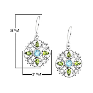 Sterling Silver Earrings With Blue Topaz Quartz Center And Peridot Filigree Accents