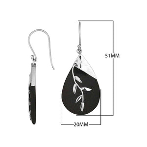 Sterling Silver Drop Earrings With Black Shell Teardrop And Silver Leaf Overlay.