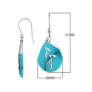 Sterling Silver Drop Earrings With Turquoise Shell Teardrop And Silver Leaf Overlay.