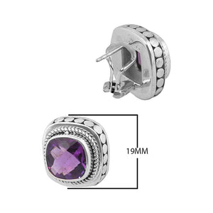 Sterling Silver Clip-On Earrings With Amethyst Quartz Cushion And Braided Dotted Border.