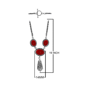 Sterling Silver Bali Handcrafted Red Coral Pendant Necklace With Decorative Finish.