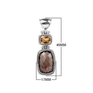 Sterling Silver Pendant Featuring Citrine And Smoky Quartz In Rope-Edge Bezel Frames.