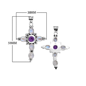 Sterling Silver Cross Pendant Featuring Amethyst Quartz And Rainbow Moonstone With Polished Bead Accents.
