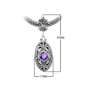 Sterling Silver Ornate Oval Pendant Featuring Amethyst Quartz With Fleur-De-Lis Decorative Bail.