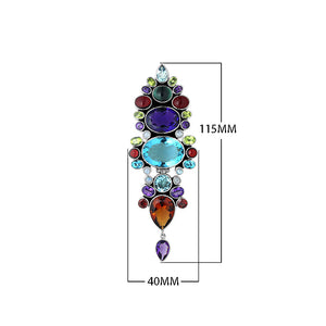 Sterling Silver Vertical Multi-Stone Pendant With Mixed Quartz And Balinese Artisan Detailing.