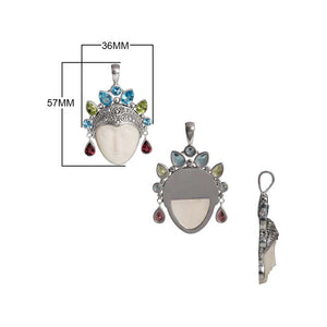 Sterling Silver Bone Face Pendant With Multi Quartz Crown And Balinese Detailing.