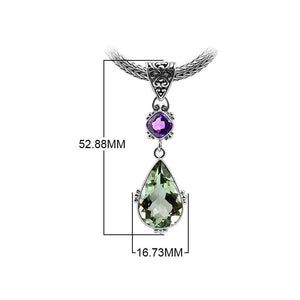 Sterling Silver Pendant With Amethyst Quartz And Green Quartz In Balinese Teardrop Design.