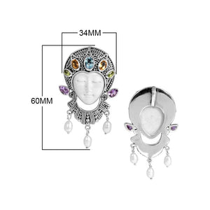 Sterling Silver Multi Stone Bone Face Pendant With Amethyst Quartz Blue Topaz Quartz Peridot Quartz Citrine Quartz And Mabe Pearl.