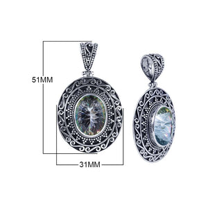 Sterling Silver Mystic Quartz Oval Pendant With Balinese Swirl And Granulated Detailing.