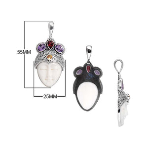 Sterling Silver Bone Face Pendant With Garnet Quartz Amethyst Quartz And Citrine Quartz
