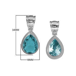 Sterling Silver Blue Topaz Quartz Pear Pendant With Faceted Teardrop Stone In Smooth Modern Bezel Setting