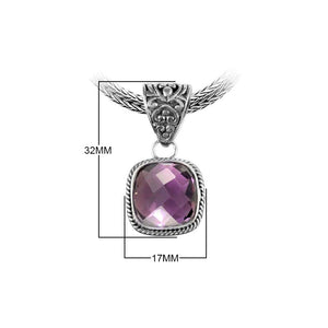Sterling Silver Amethyst Quartz Cushion Rope Pendant With Ornate Balinese Bail
