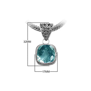 Sterling Silver Blue Topaz Quartz Cushion Rope Pendant With Ornate Balinese Bail