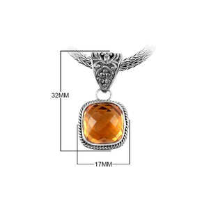 Sterling Silver Citrine Quartz Cushion Rope Pendant With Ornate Balinese Bail