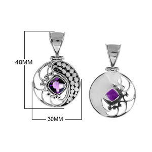 Sterling Silver Round Pendant With Amethyst Quartz And Ornate Bali Filigree