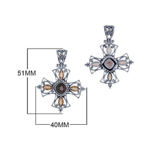 Sterling Silver Cross Pendant With Smokey Quartz And Citrine Quartz Bali Design