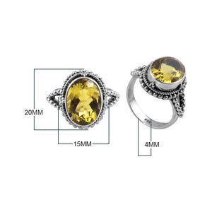 Sterling Silver Lemon Quartz Oval Beaded Statement Ring with Intricate Bali Detailing