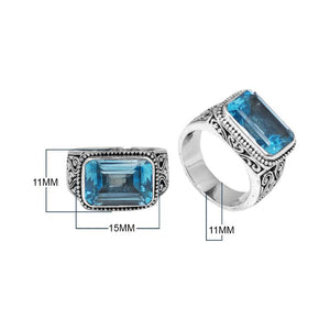 Wholesale Sterling Silver Blue Topaz Quartz Ring With Rectangular Cut & Balinese Scroll Design Handcrafted In Bali