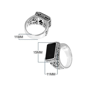 Wholesale Sterling Silver Black Onyx Ring With Rectangular Cabochon & Balinese Scroll Design Handcrafted In Bali
