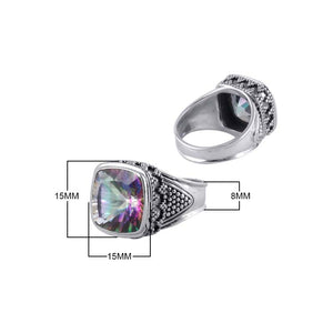 Sterling Silver Mystic Quartz Cushion Designer Ring With Granulated Texture, Mirror Polished Oxidized Finish