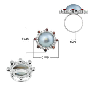 Sterling Silver Ring With Gray Mabe Pearl, And Garnet Quartz, Filigree Designer Ring, Antique Oxidized Finish