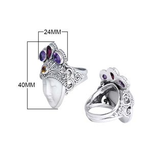 Sterling Silver Ring With Amethyst Quartz, Garnet Quartz, Citrine Quartz, And Shell, Goddess Face Designer Ring, Antique Oxidized Finish