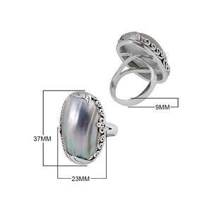 Sterling Silver Ring With Cokle Shell, Oval Scrollwork Designer Ring, Mirror Polished Antique Finish