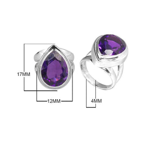 Sterling Silver Ring With Amethyst Quartz, Teardrop Bezel Designer Ring, Mirror Polished Finish