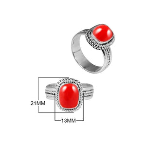 Sterling silver Red Coral cushion ring with braided rope detailing, handcrafted wholesale jewelry from Bali