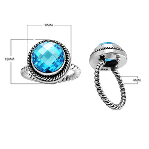 Sterling silver Blue Topaz Quartz round rope ring with oxidized border, handcrafted wholesale jewelry from Bali