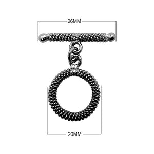 Black Rhodium Overlay coil pattern circular toggle clasp with textured bar, handcrafted in India for wholesale jewelry findings.