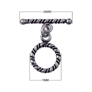 Silver Overlay toggle clasp with twisted rope design on bar and circular loop, oxidized finish, wholesale jewelry making component from Bali.
