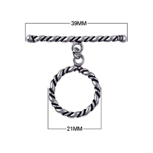 Silver Overlay toggle clasp with twisted bar and rope-style circular loop, oxidized finish, wholesale jewelry making component from Bali.