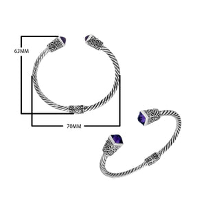 Sterling silver handcrafted bangle with amethyst quartz, twisted rope Balinese cuff.