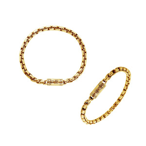 Solid 18K gold Balinese linear link bracelet with engraved push clasp