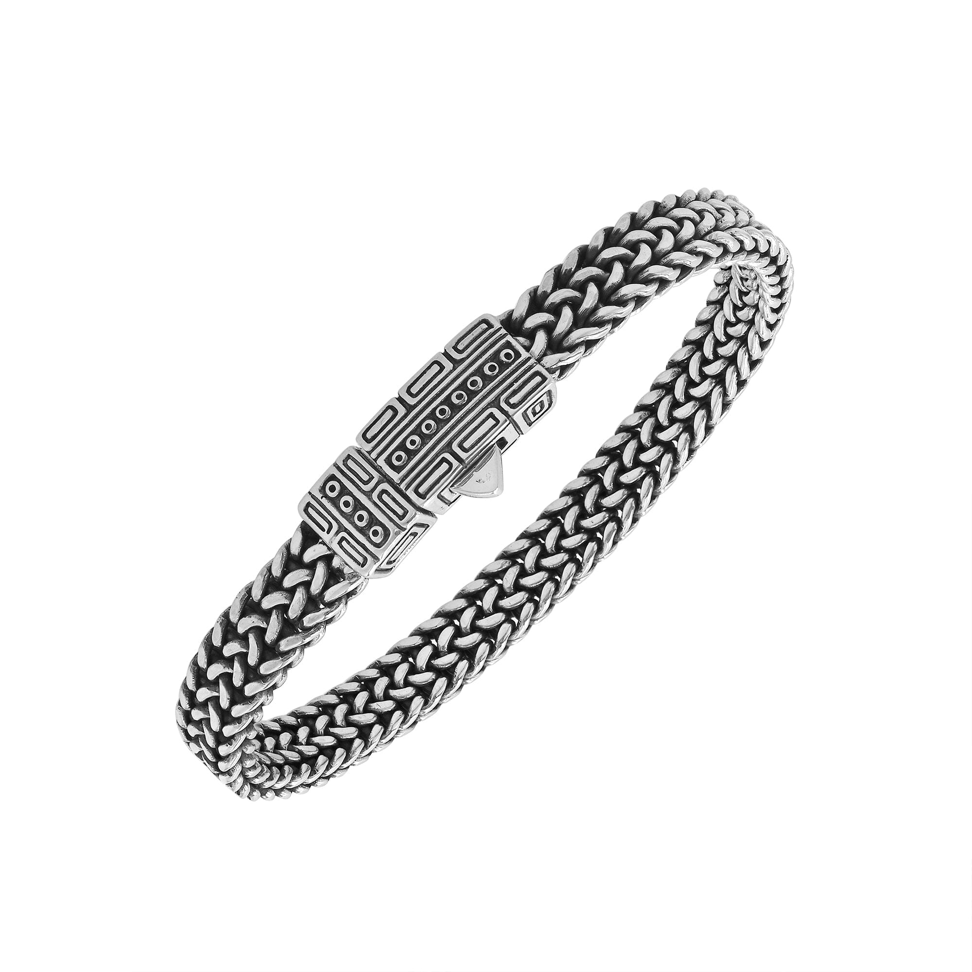Sterling silver woven chain bracelet with geometric patterned clasp handcrafted in Bali