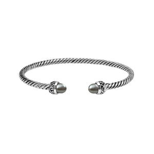 Sterling Silver Twisted Cable Bangle With Gray Mabe Pearls and Tribal Oxidized Detailing For Wholesale Buyers.