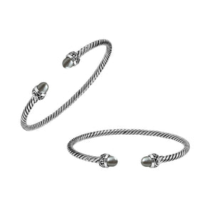 Sterling Silver Twisted Cable Bangle With Gray Mabe Pearls and Tribal Oxidized Detailing For Wholesale Buyers.