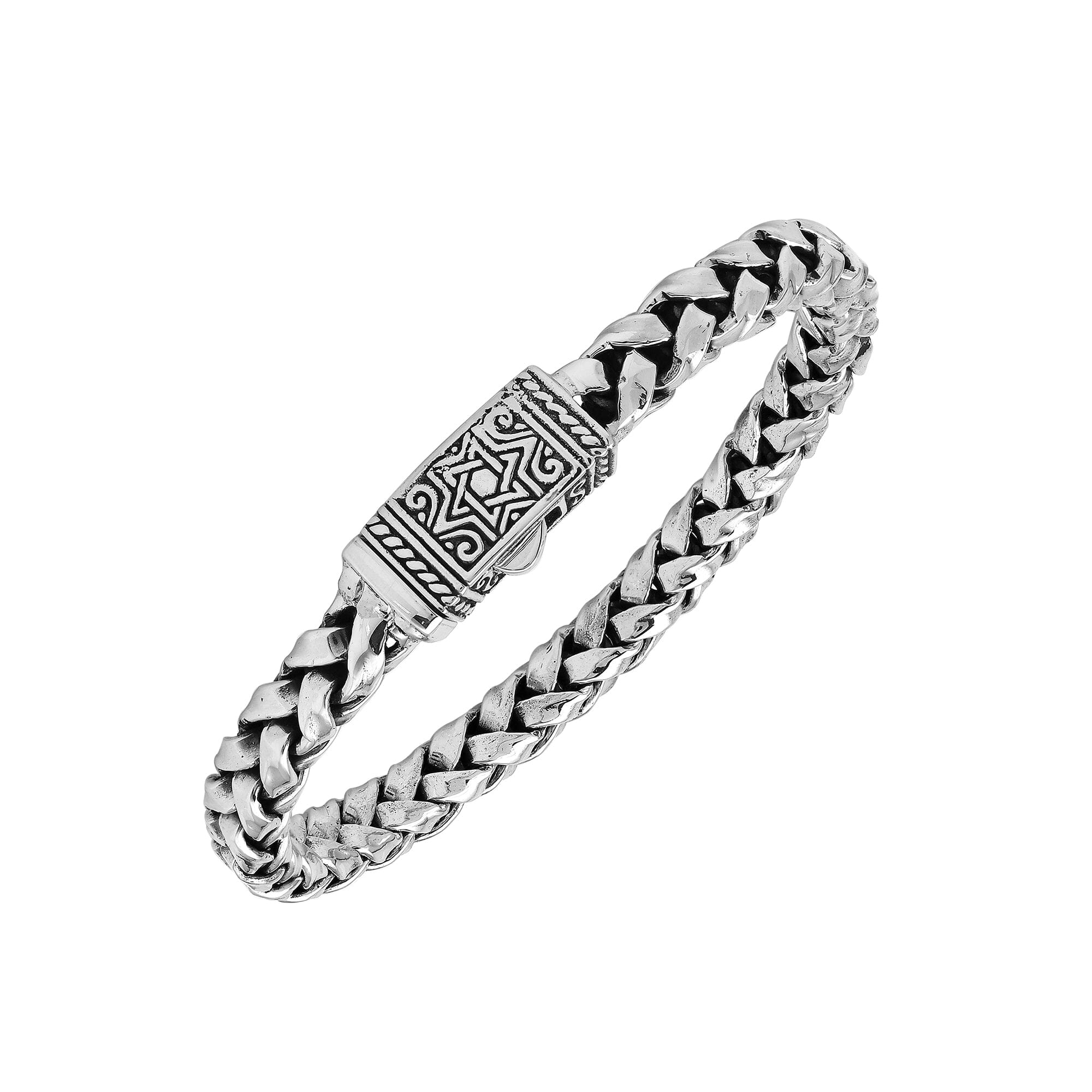 Wholesale sterling silver oxidized flat Bali weave bracelet with geometric clasp handcrafted in Bali, Indonesia.