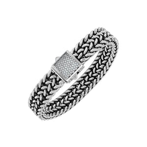 Wholesale sterling silver oxidized Bali weave bracelet with white cubic zirconia clasp handcrafted in Bali, Indonesia.