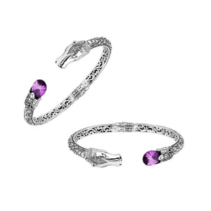 Sterling Silver Dragon Head Bangle with Amethyst Quartz handcrafted in Bali featuring intricate filigree detailing.