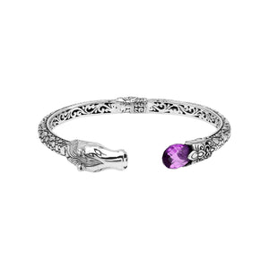 Sterling Silver Dragon Head Bangle with Amethyst Quartz handcrafted in Bali featuring intricate filigree detailing.