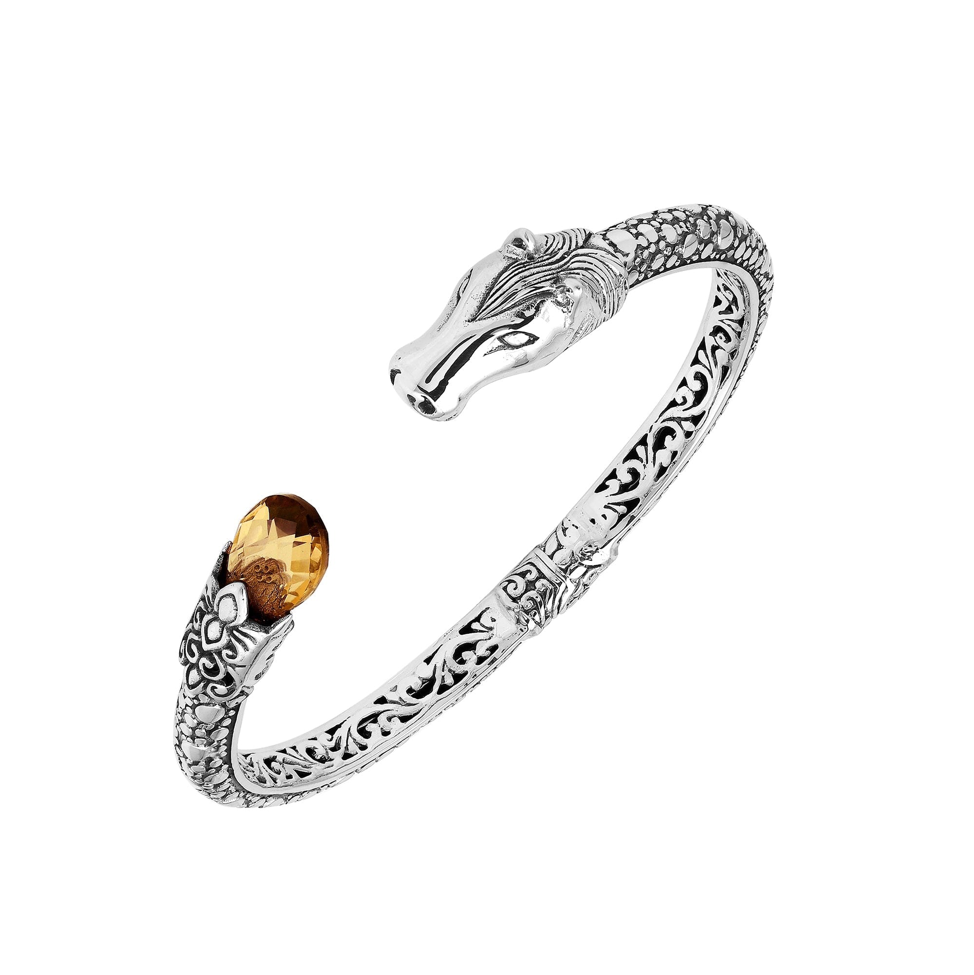 Sterling Silver Dragon Head Bangle with Citrine Quartz handcrafted in Bali featuring intricate filigree and oxidized finish.