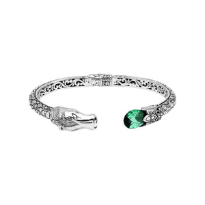Sterling Silver Dragon Head Bangle with Green Quartz handcrafted in Bali featuring ornate filigree design and oxidized silver finish.