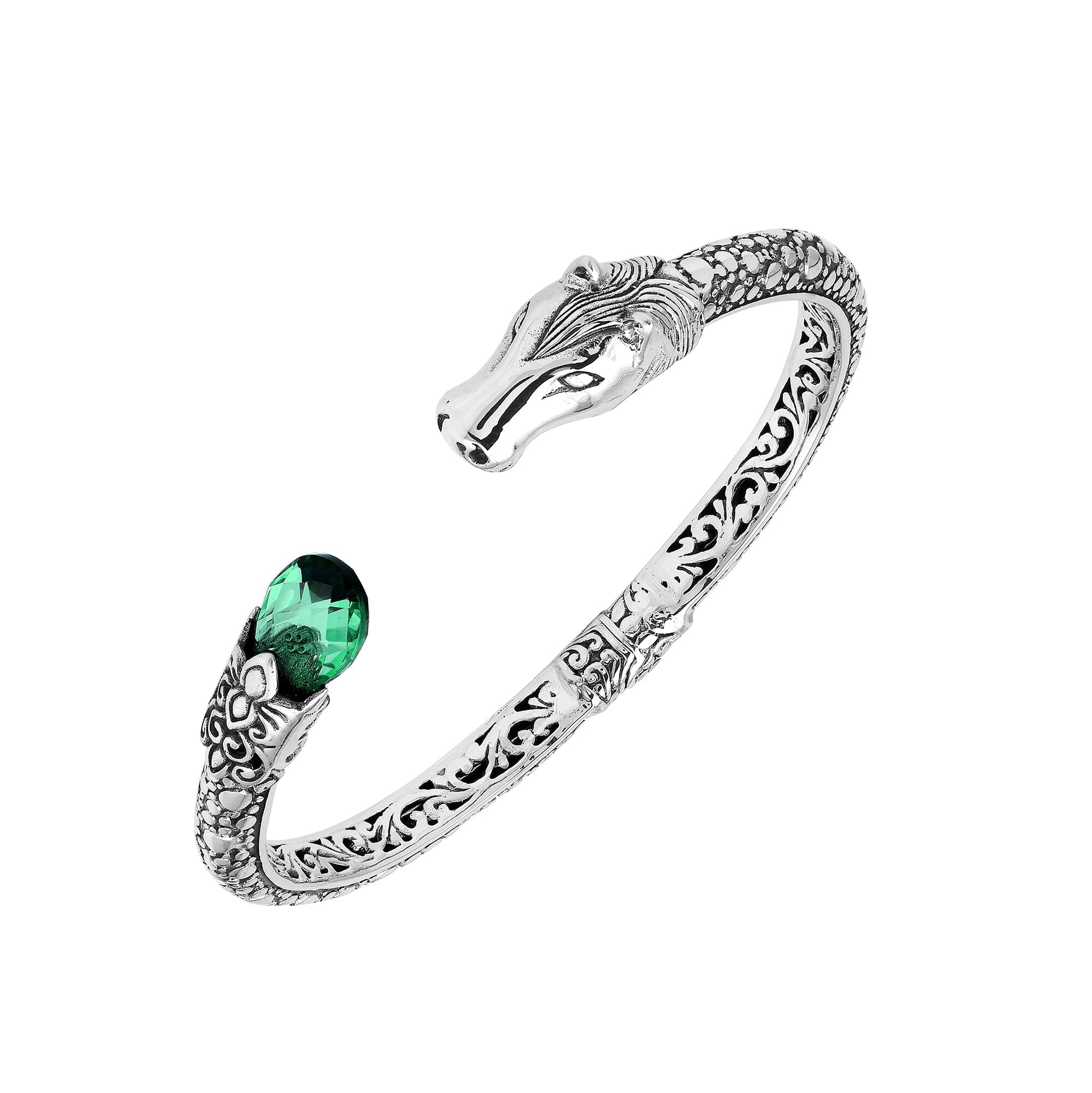 Sterling Silver Dragon Head Bangle with Green Quartz handcrafted in Bali featuring ornate filigree design and oxidized silver finish.