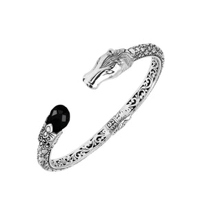 Sterling Silver Dragon Head Bangle with Black Onyx handcrafted in Bali featuring ornate filigree and oxidized finish.