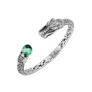 Wholesale sterling silver dragon head cuff bracelet with green quartz handcrafted in Bali